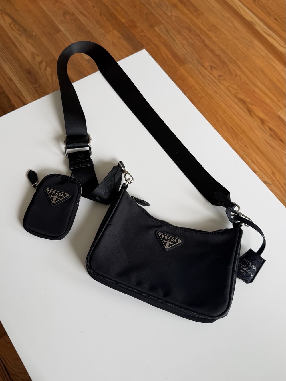 Prada Black Re-Nylon Belt Bag with Coin Pouch and Web Strap